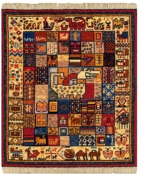 A vibrant Persian Gabbeh rug with bold geometric patterns and a rich, textured pile